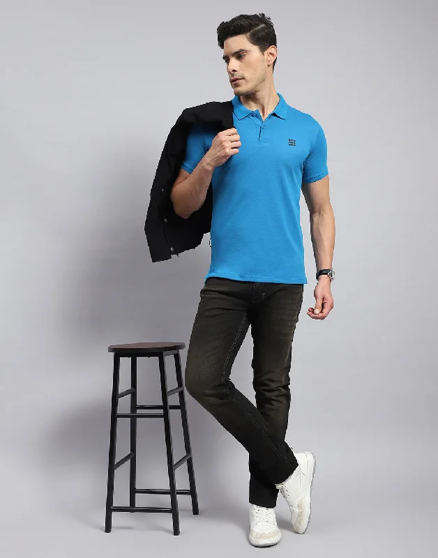 Men Teal Blue Solid Collar Half Sleeve T-Shirt