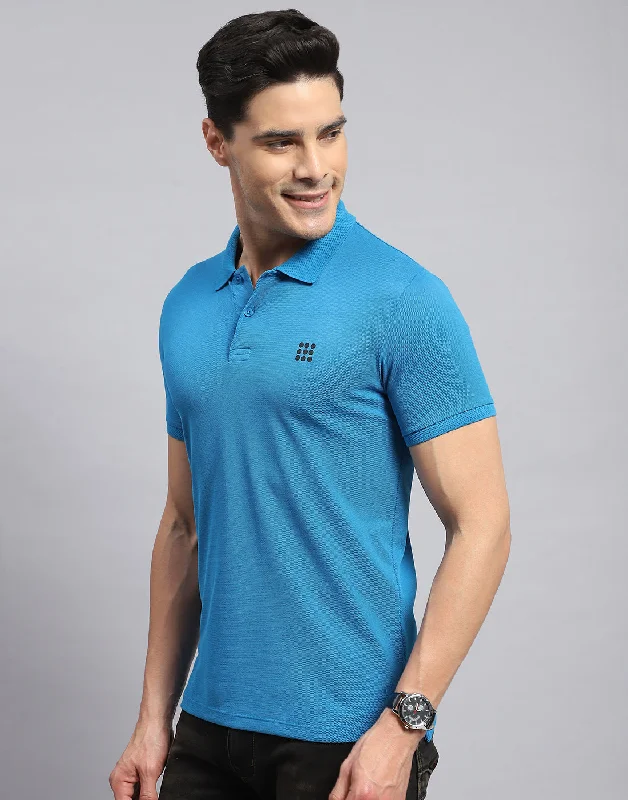 Men Teal Blue Solid Collar Half Sleeve T-Shirt