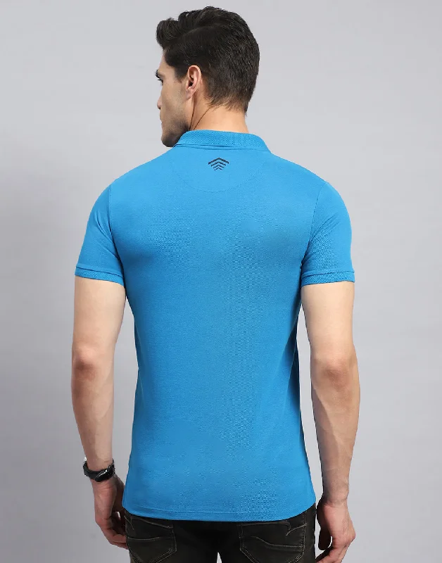 Men Teal Blue Solid Collar Half Sleeve T-Shirt