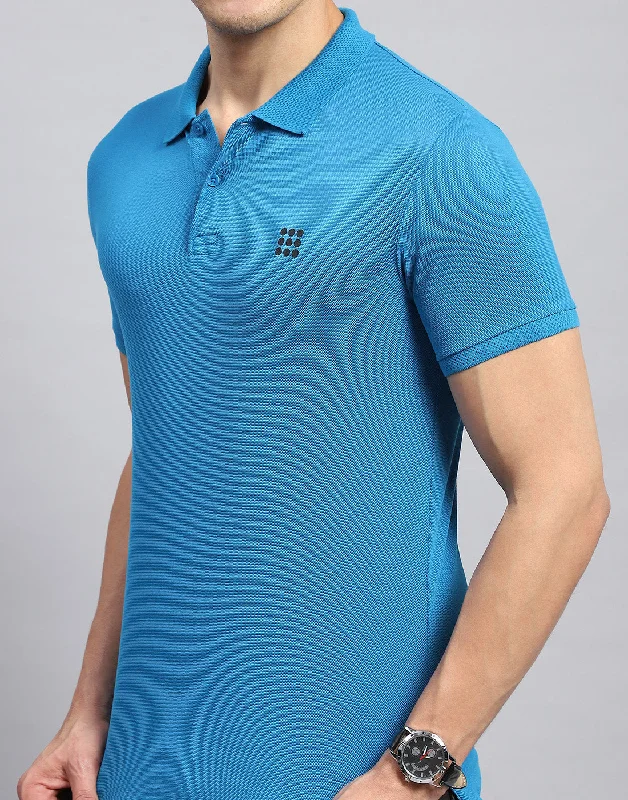 Men Teal Blue Solid Collar Half Sleeve T-Shirt