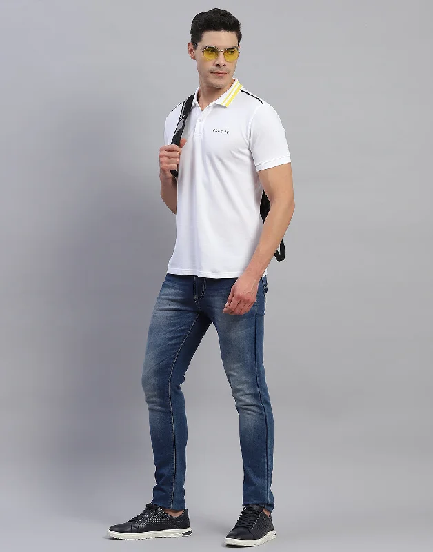 Men White Solid Collar Half Sleeve T-Shirt