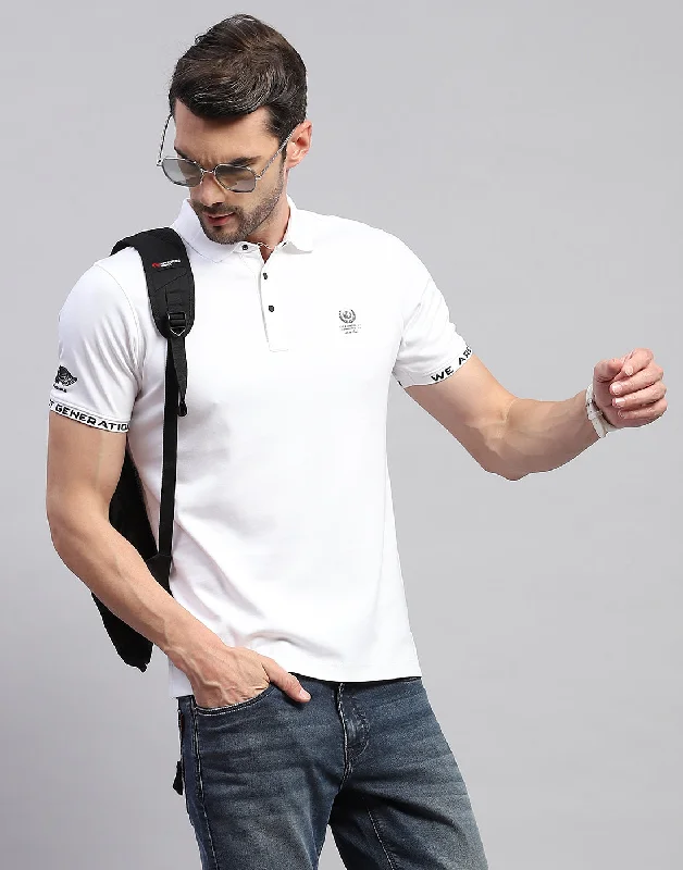 Men White Solid Polo Collar Half Sleeve T-Shirt