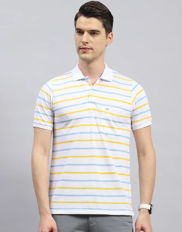 Men White Stripe Polo Collar Half Sleeve T-Shirt