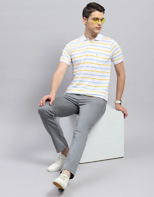 Men White Stripe Polo Collar Half Sleeve T-Shirt