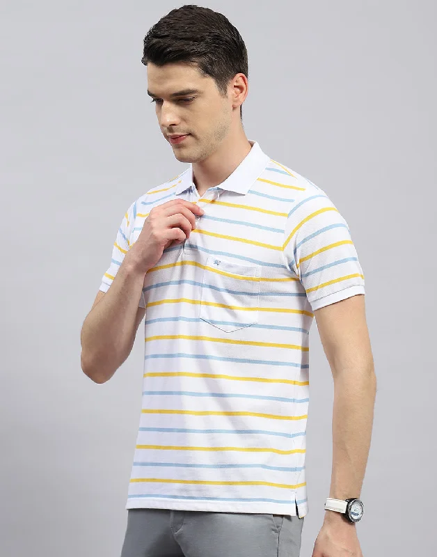 Men White Stripe Polo Collar Half Sleeve T-Shirt