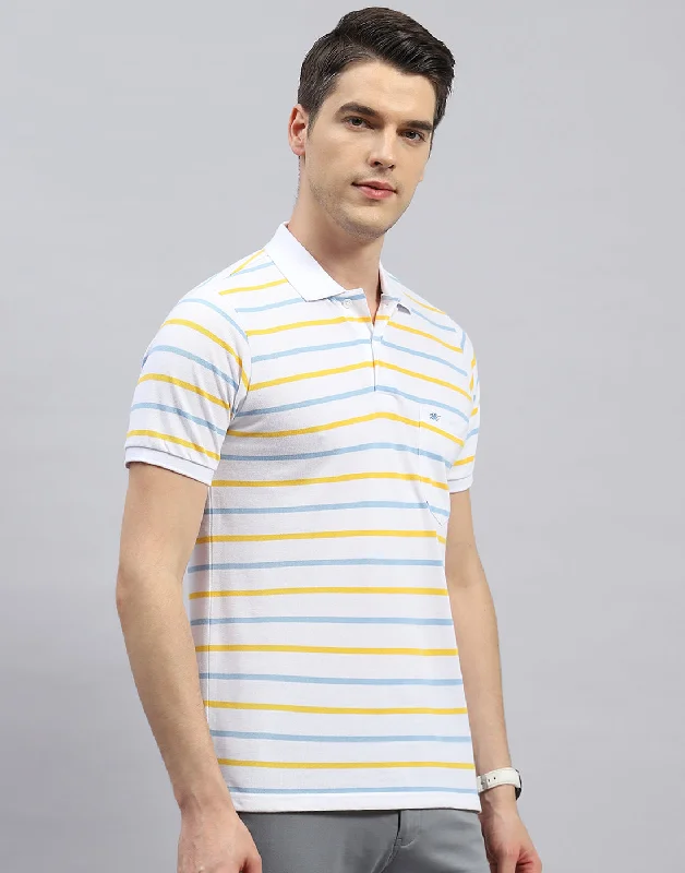 Men White Stripe Polo Collar Half Sleeve T-Shirt