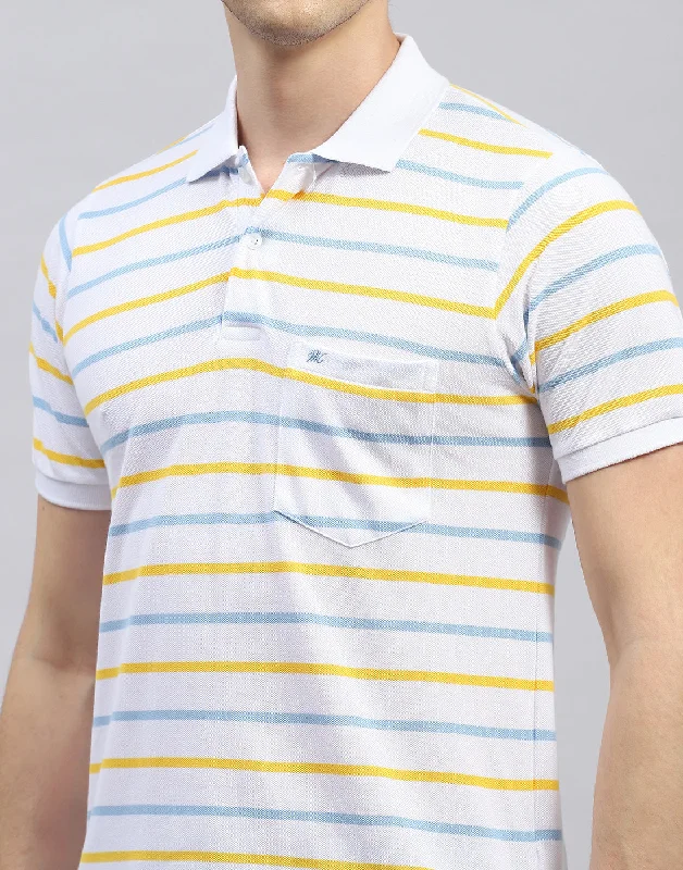 Men White Stripe Polo Collar Half Sleeve T-Shirt