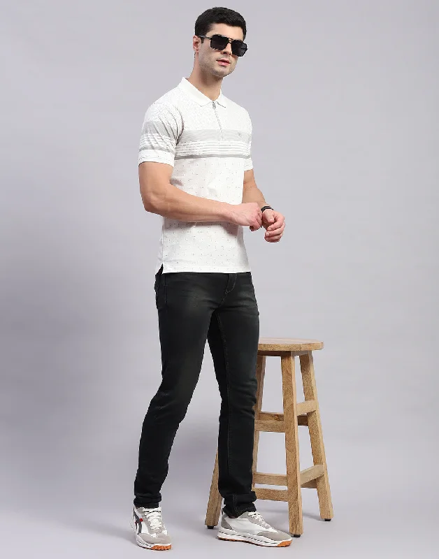 Men White Stripe Polo Collar Half Sleeve T-Shirt