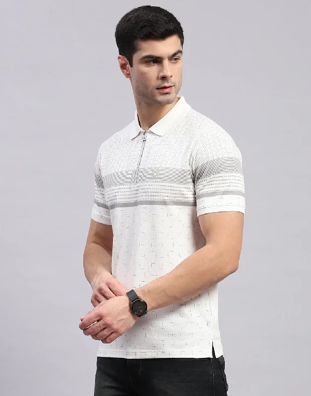 Men White Stripe Polo Collar Half Sleeve T-Shirt