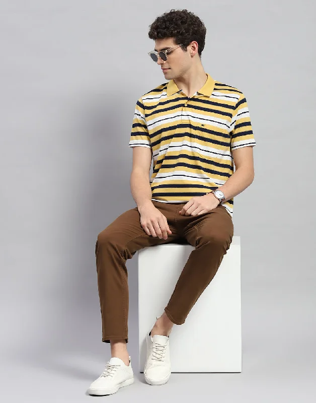 Men Yellow Stripe Polo Collar Half Sleeve T-Shirt