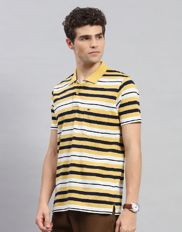 Men Yellow Stripe Polo Collar Half Sleeve T-Shirt