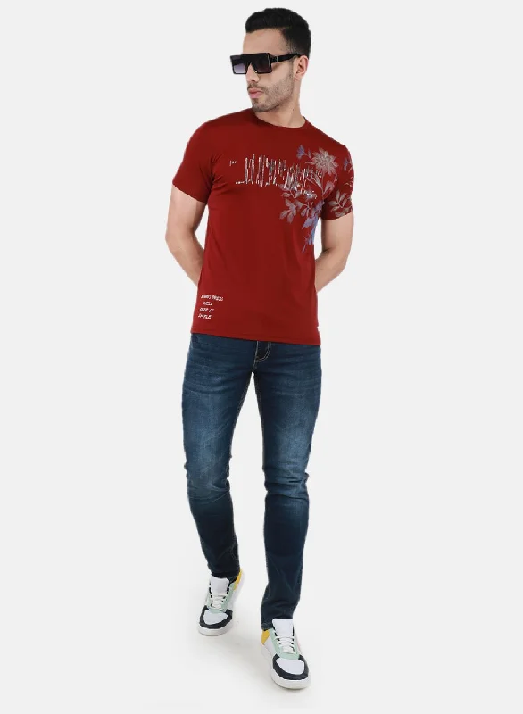 Men Maroon Printed T-Shirt