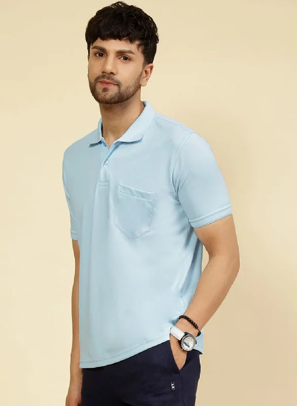 Men Sky Blue Solid T-Shirt