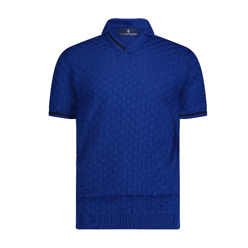 Saxe Blue with Navy Trim Box Texture Short Sleeve Knit Polo