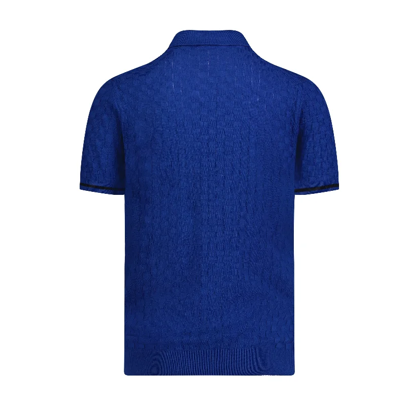 Saxe Blue with Navy Trim Box Texture Short Sleeve Knit Polo