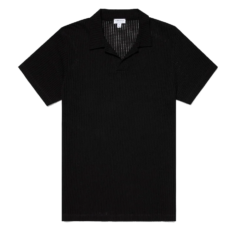 Sunspel Linear Mesh Polo Shirt Black