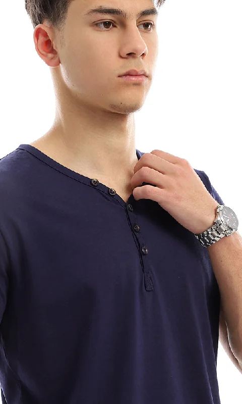 27127 Buttoned V-Neck Navy Blue Henley Shirt