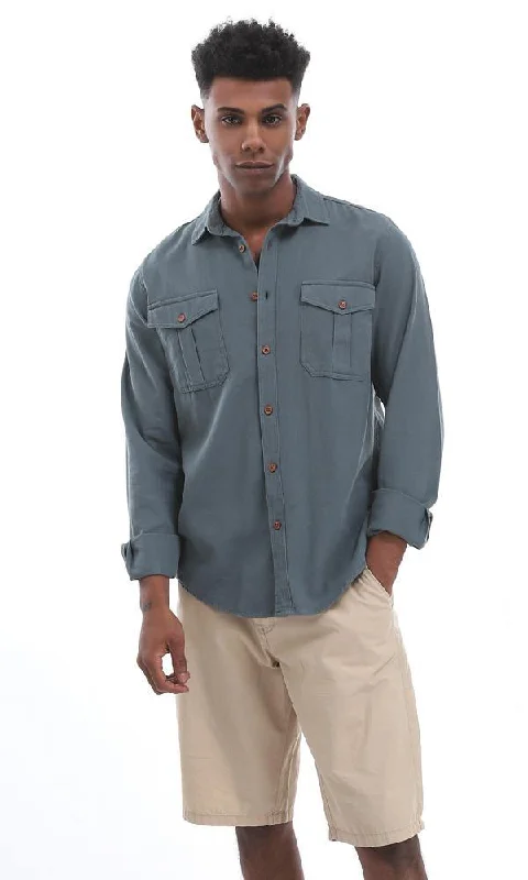 56692 Olive Green Solid Shirt With Two Functional Chest Pockets