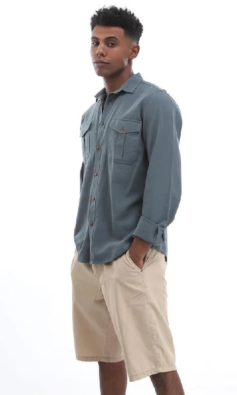 56692 Olive Green Solid Shirt With Two Functional Chest Pockets