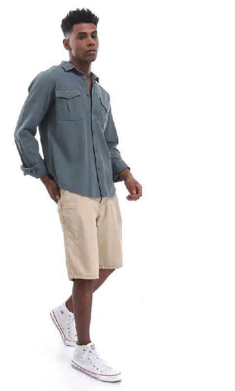 56692 Olive Green Solid Shirt With Two Functional Chest Pockets