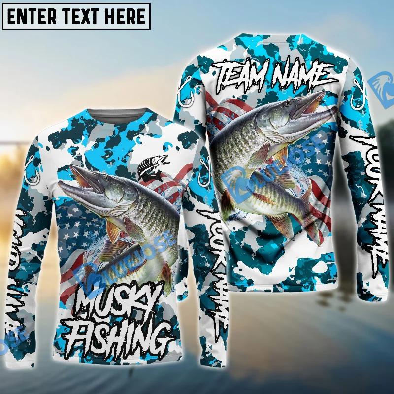 Bluejose Musky Fishing American Flag Light Blue Camo Custom Name & Team Name 3D Shirts