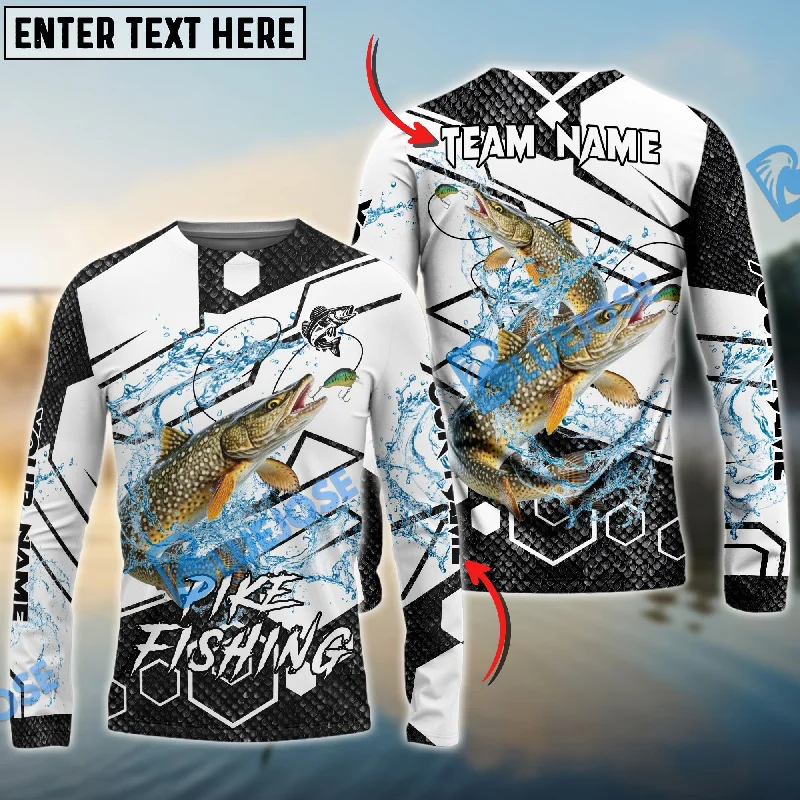 Bluejose Pike Fishing White Gray Black Hexagon Sport Custom Name & Team Name 3D Shirts