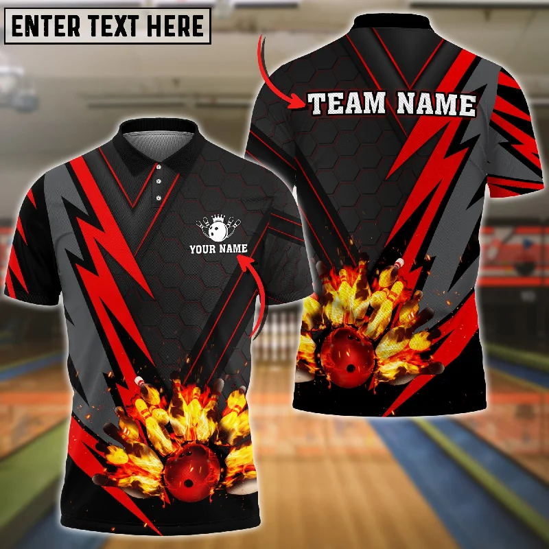 BlueJoses Bowling Ball  And Pins Flame Red Thunder Pattern Premium Customized Name 3D Shirt