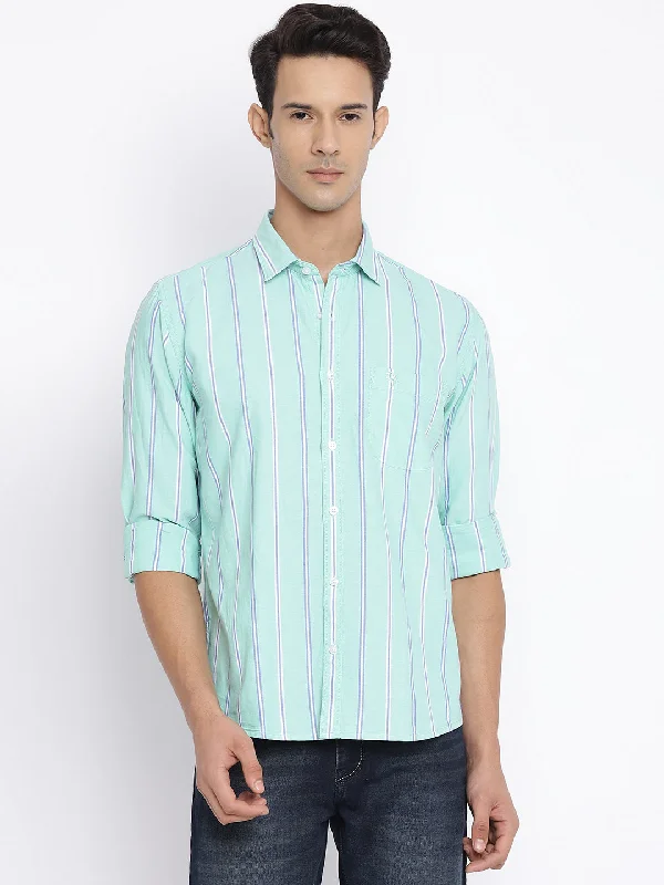 Cantabil Cotton Striped Green Full Sleeve Casual Shirt for Men with Pocket