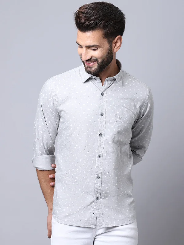 Cantabil Cotton Printed Grey Full Sleeve Casual Shirt for Men with Pocket