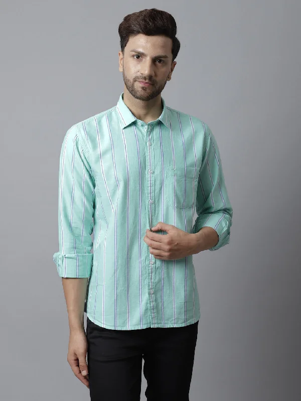 Cantabil Cotton Striped Green Full Sleeve Casual Shirt for Men with Pocket