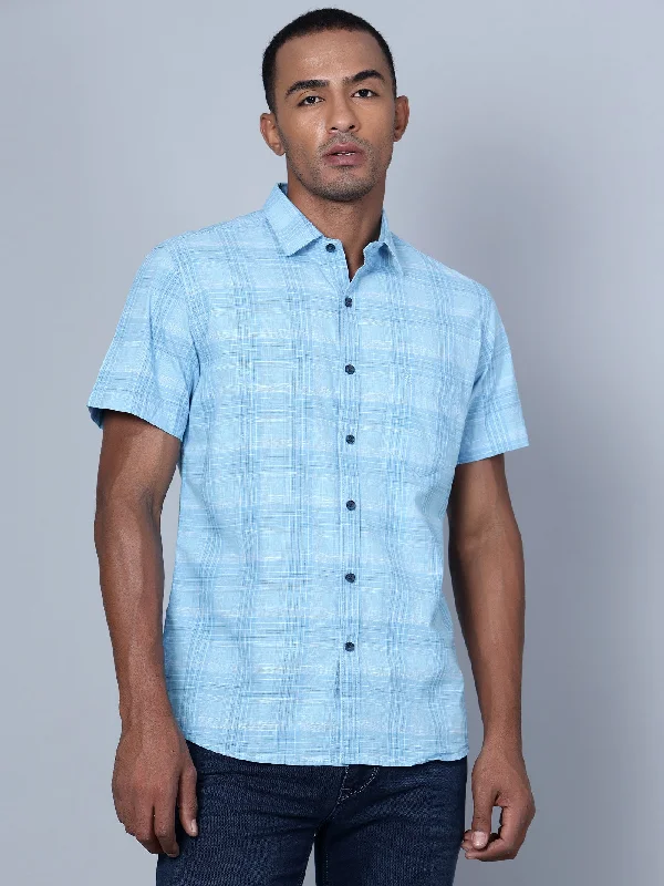 Cantabil Cotton Checkered Sky Blue Half Sleeve Casual Shirt for Men with Pocket