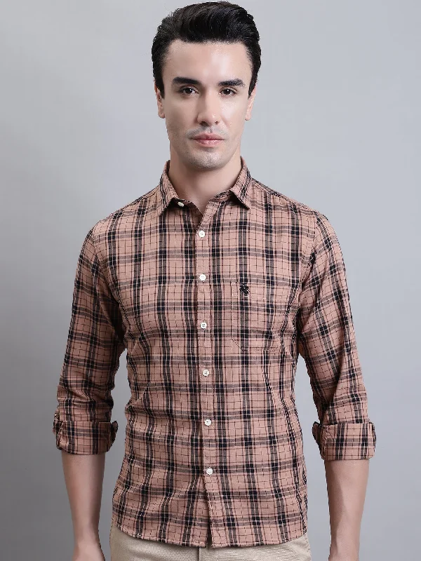 Cantabil Men Brown Checkered Full Sleeves Casual Shirt