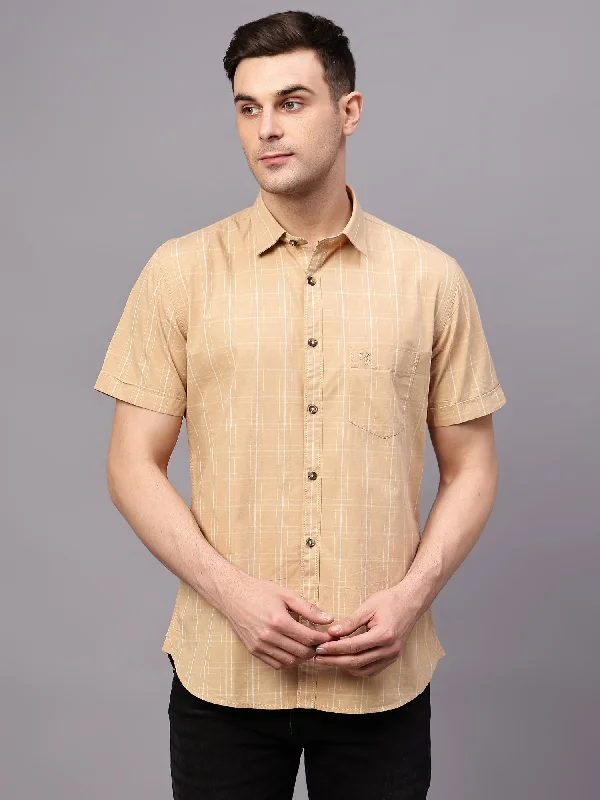 Cantabil Men's Beige Checkered Half Sleeve Casual Shirt