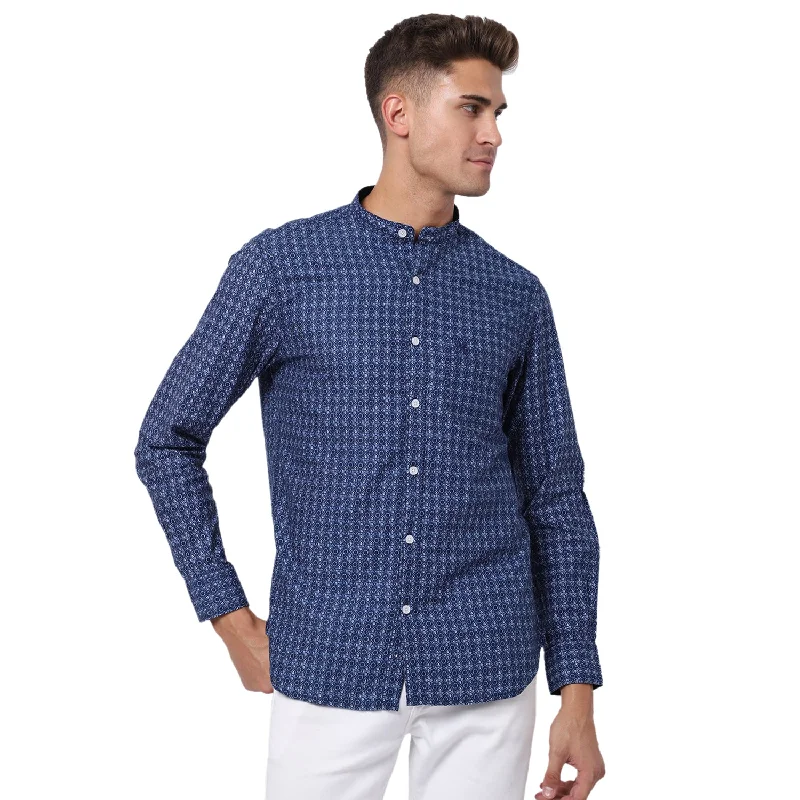 Cantabil Cotton Printed Blue Full Sleeve Casual Shirt for Men with Pocket