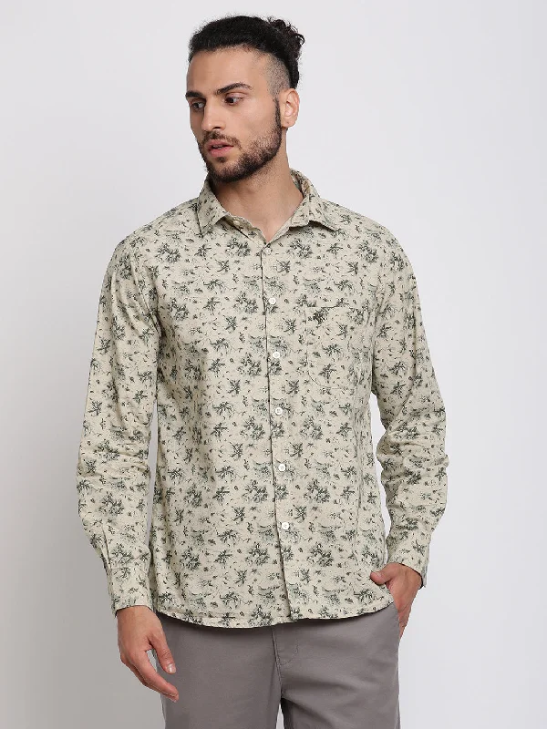 Cantabil Men Cotton Printed Khaki Full Sleeve Casual Shirt for Men with Pocket