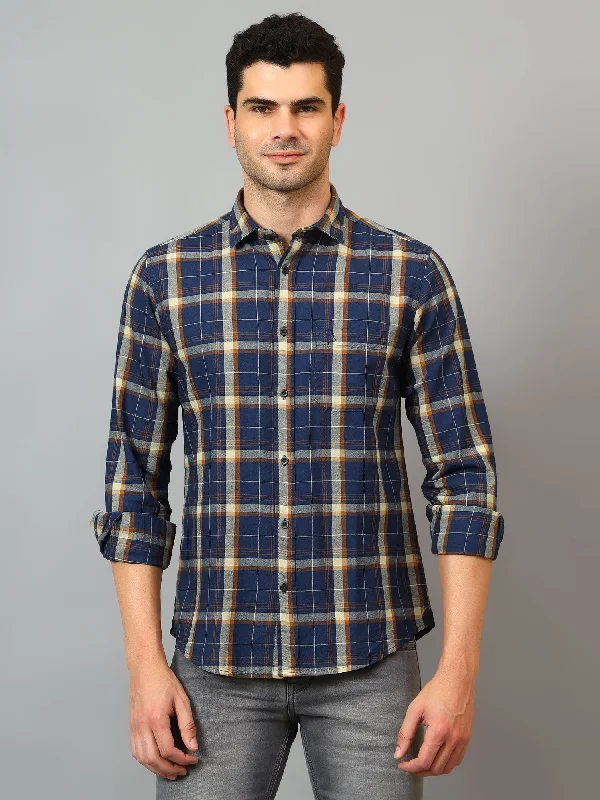 Cantabil Men's Navy Blue Checkered  Full Sleeves Casual Shirt