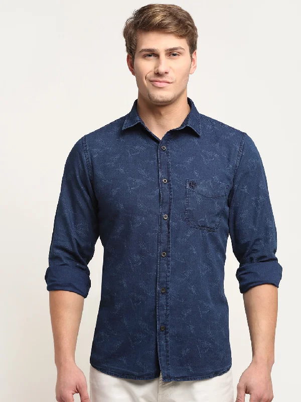 Cantabil Men Cotton Printed Navy Blue Full Sleeve Casual Shirt for Men with Pocket