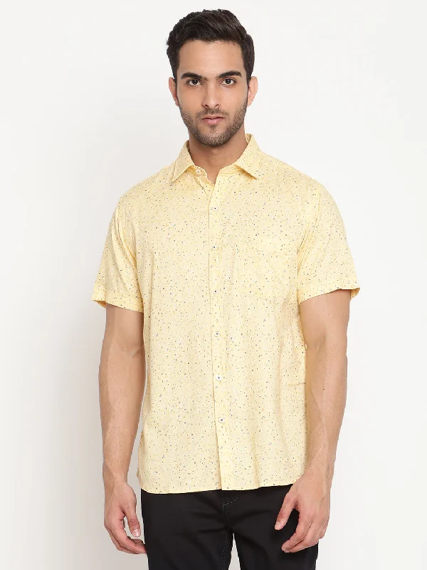 Cantabil Cotton Printed Yellow Half Sleeve Casual Shirt for Men with Pocket