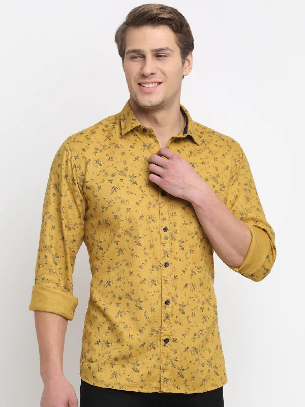 Cantabil Men Cotton Printed Yellow Full Sleeve Casual Shirt for Men with Pocket