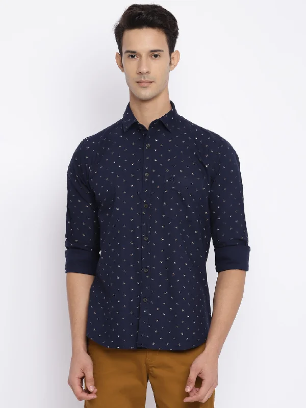 Cantabil Cotton Printed Navy Blue Full Sleeve Casual Shirt for Men with Pocket