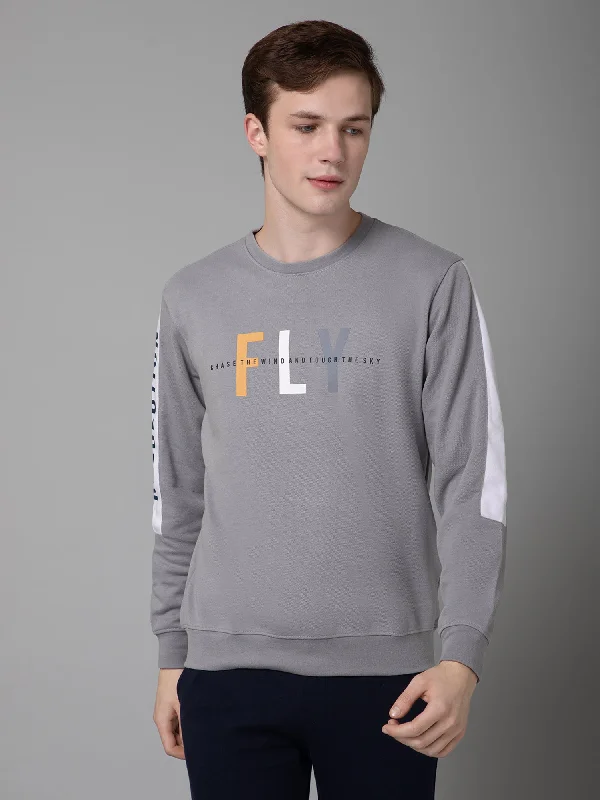 Cantabil Printed Grey Full Sleeves Rounded Neck Regular Fit Casual Sweatshirt for Men