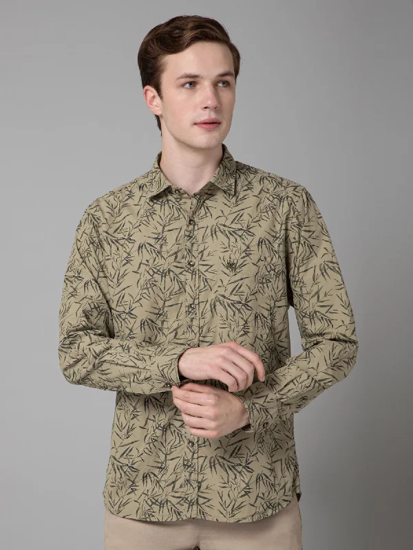 Cantabil Printed Olive Green Full Sleeve Regular Fit Casual Shirt for Men with Pocket