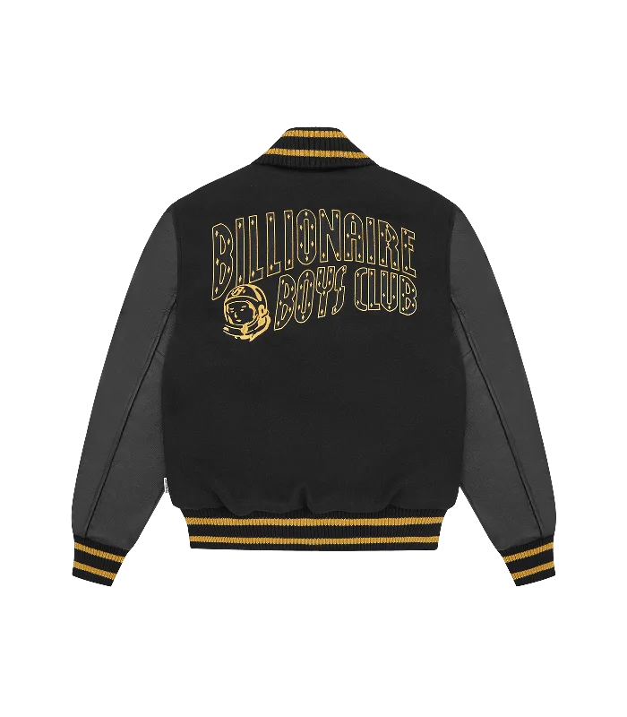 LEATHER SLEEVE VARSITY JACKET - BLACK/GOLD