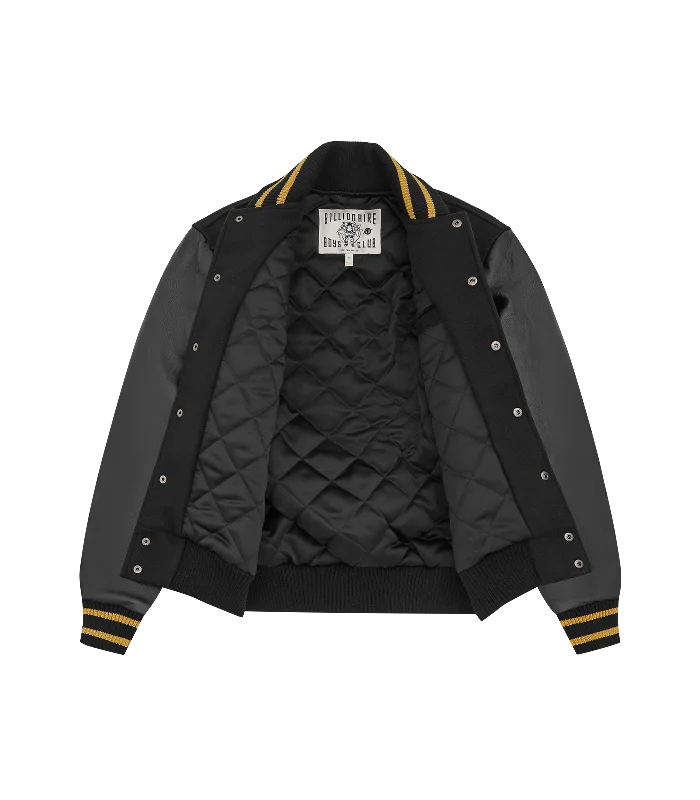 LEATHER SLEEVE VARSITY JACKET - BLACK/GOLD