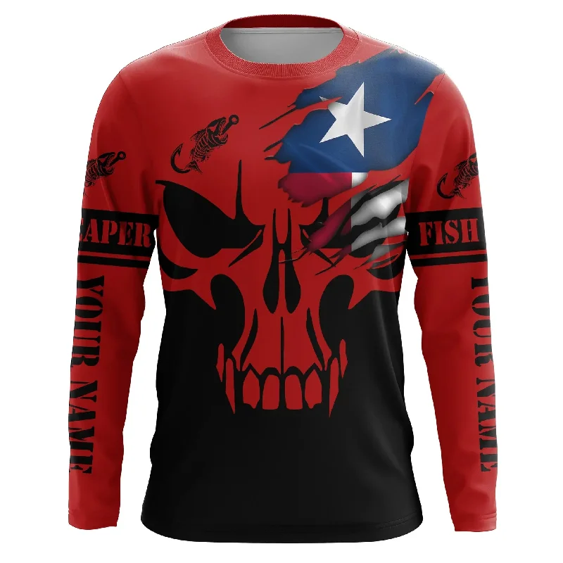 Bluejose Custom Texas Flag Fishing Fish Reaper Skull Red And Black Fishing Jersey, Fishing Long Sleeve Shirts