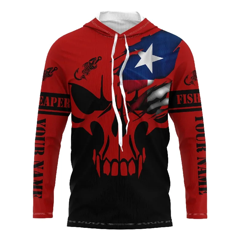 Bluejose Custom Texas Flag Fishing Fish Reaper Skull Red And Black Fishing Jersey, Fishing Long Sleeve Shirts