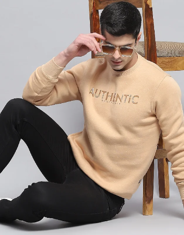 Men Beige Printed Round Neck Full Sleeve Sweatshirt