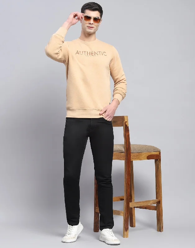 Men Beige Printed Round Neck Full Sleeve Sweatshirt