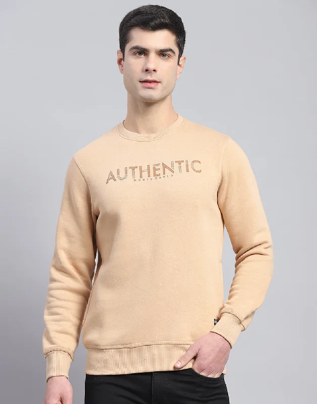 Men Beige Printed Round Neck Full Sleeve Sweatshirt