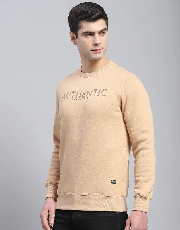 Men Beige Printed Round Neck Full Sleeve Sweatshirt